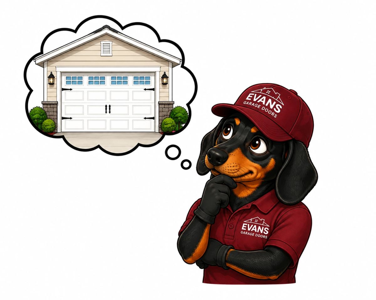 Evans Garage Doors Dachshund Mascot presenting a new garage door