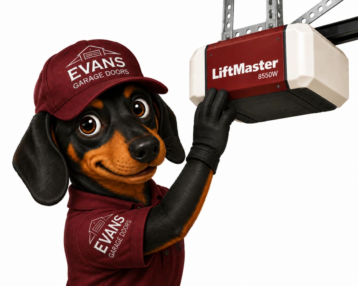 Evans Garage Doors Dachshund Mascot holding garage opener remote