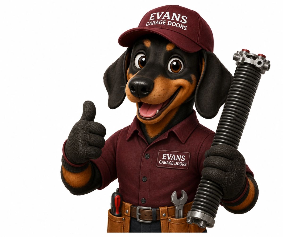 Evans Garage Doors Dachshund Mascot holding spring repair tool